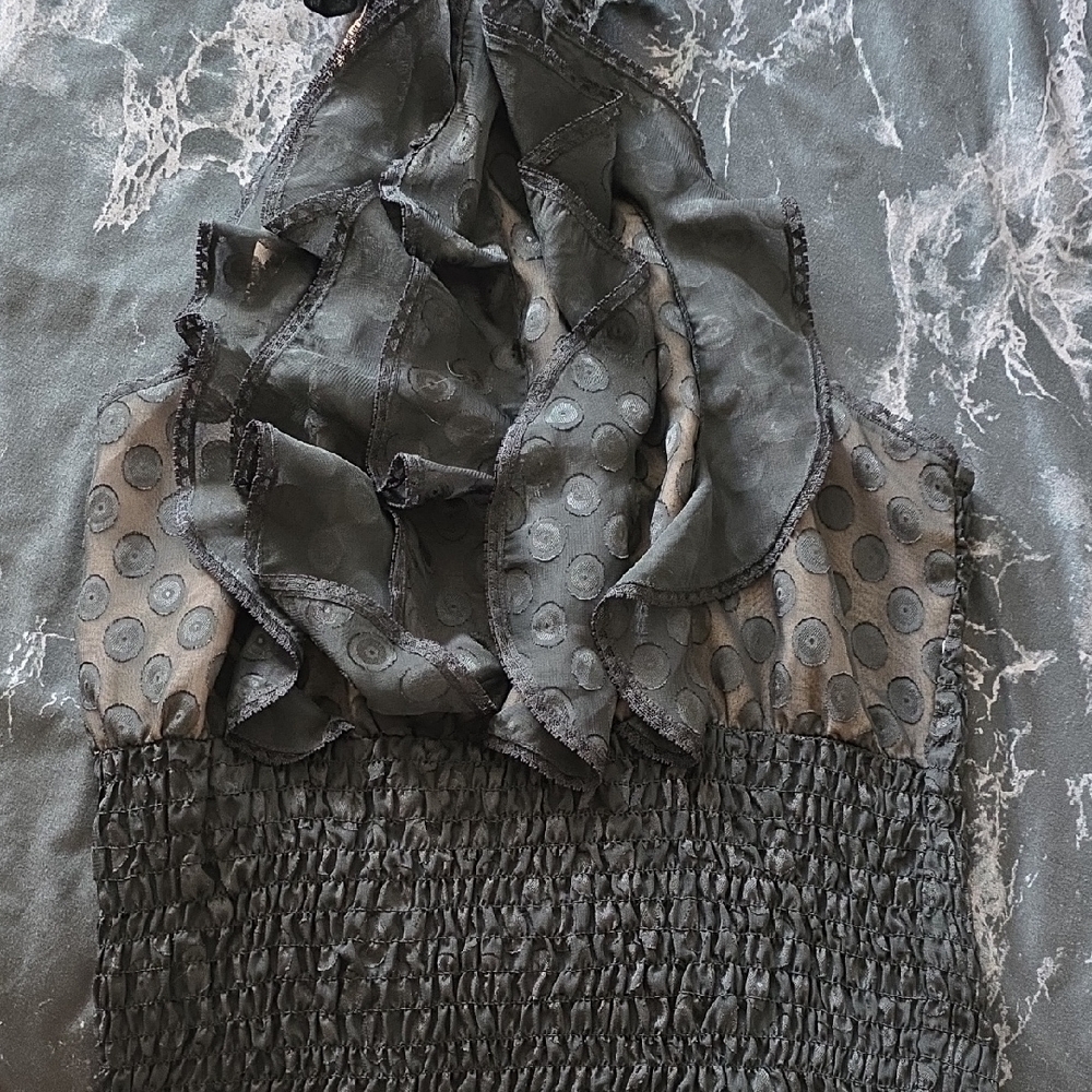 Elegant Black Grey Layered Ruffle No Sleeve Semi See Through Tunic Cropped Top - Picture 9 of 16